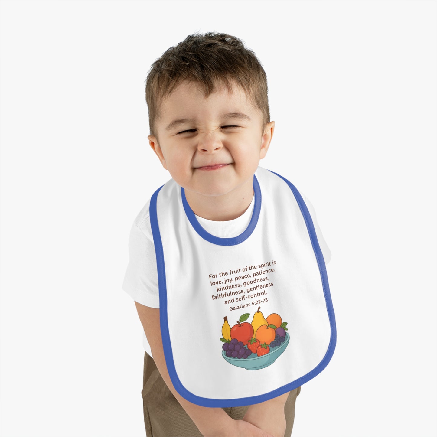 Fruits of the Spirit Baby Bib - Inspirational Contrast Trim Bib for Feeding, Baby Shower Gift, Christening, Birthday, Everyday Use