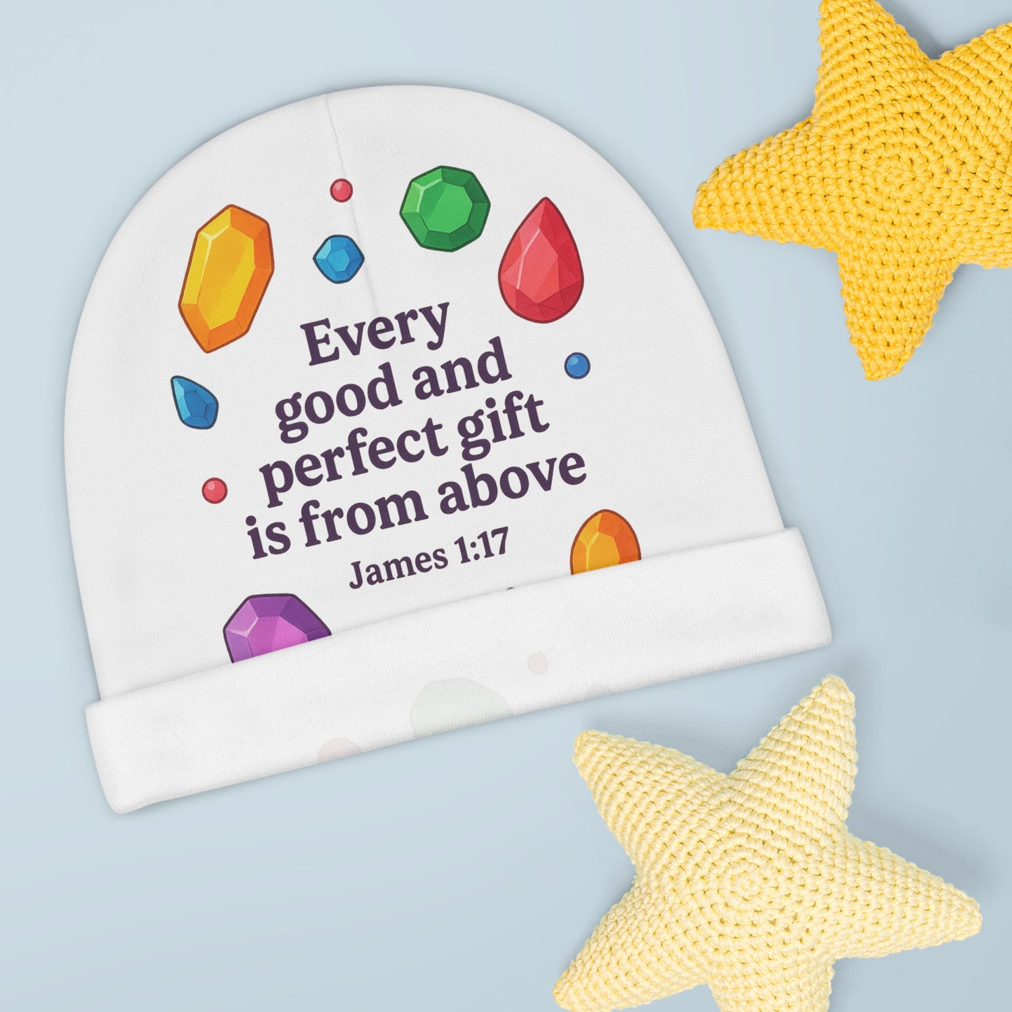 Colorful Baby Beanie with Inspirational Quote, Cute Infant Hat, Perfect Baby Shower Gift, Religious Baby Headwear, AOP Beanie for Newborns