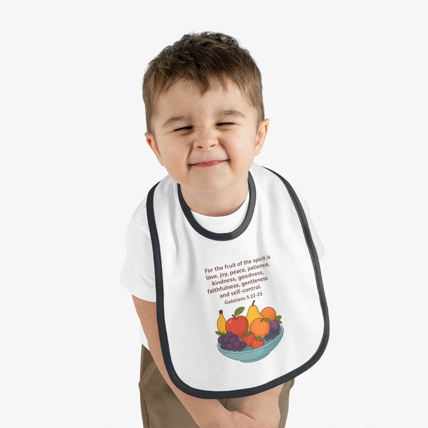 Fruits of the Spirit Baby Bib - Inspirational Contrast Trim Bib for Feeding, Baby Shower Gift, Christening, Birthday, Everyday Use