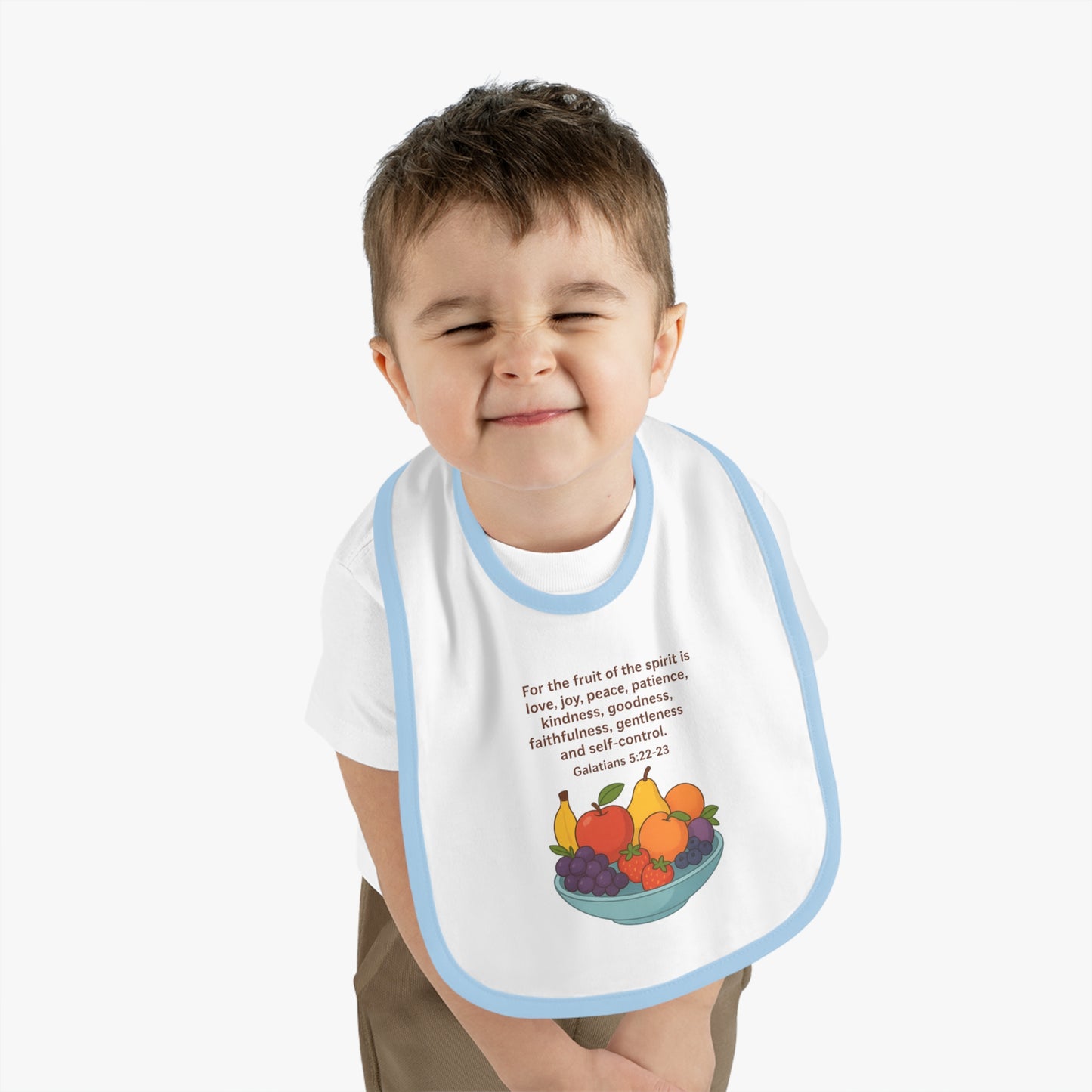 Fruits of the Spirit Baby Bib - Inspirational Contrast Trim Bib for Feeding, Baby Shower Gift, Christening, Birthday, Everyday Use