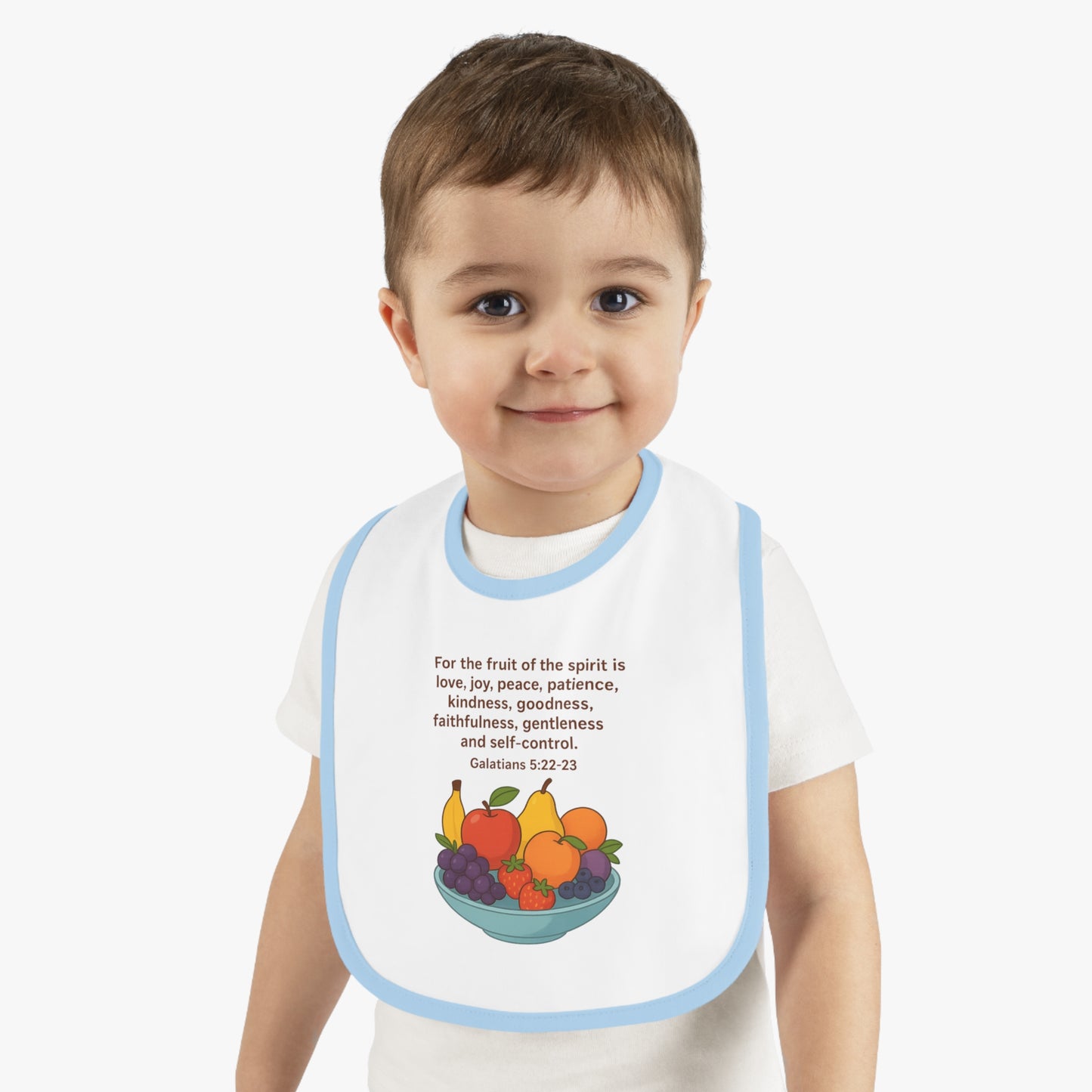 Fruits of the Spirit Baby Bib - Inspirational Contrast Trim Bib for Feeding, Baby Shower Gift, Christening, Birthday, Everyday Use
