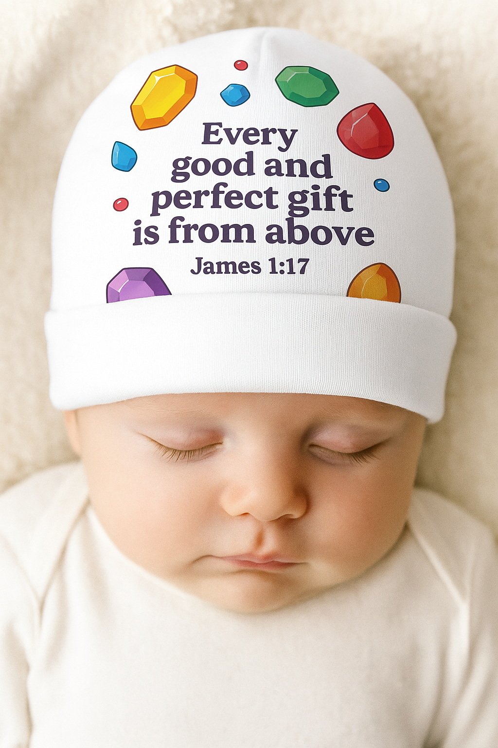 Colorful Baby Beanie with Inspirational Quote, Cute Infant Hat, Perfect Baby Shower Gift, Religious Baby Headwear, AOP Beanie for Newborns