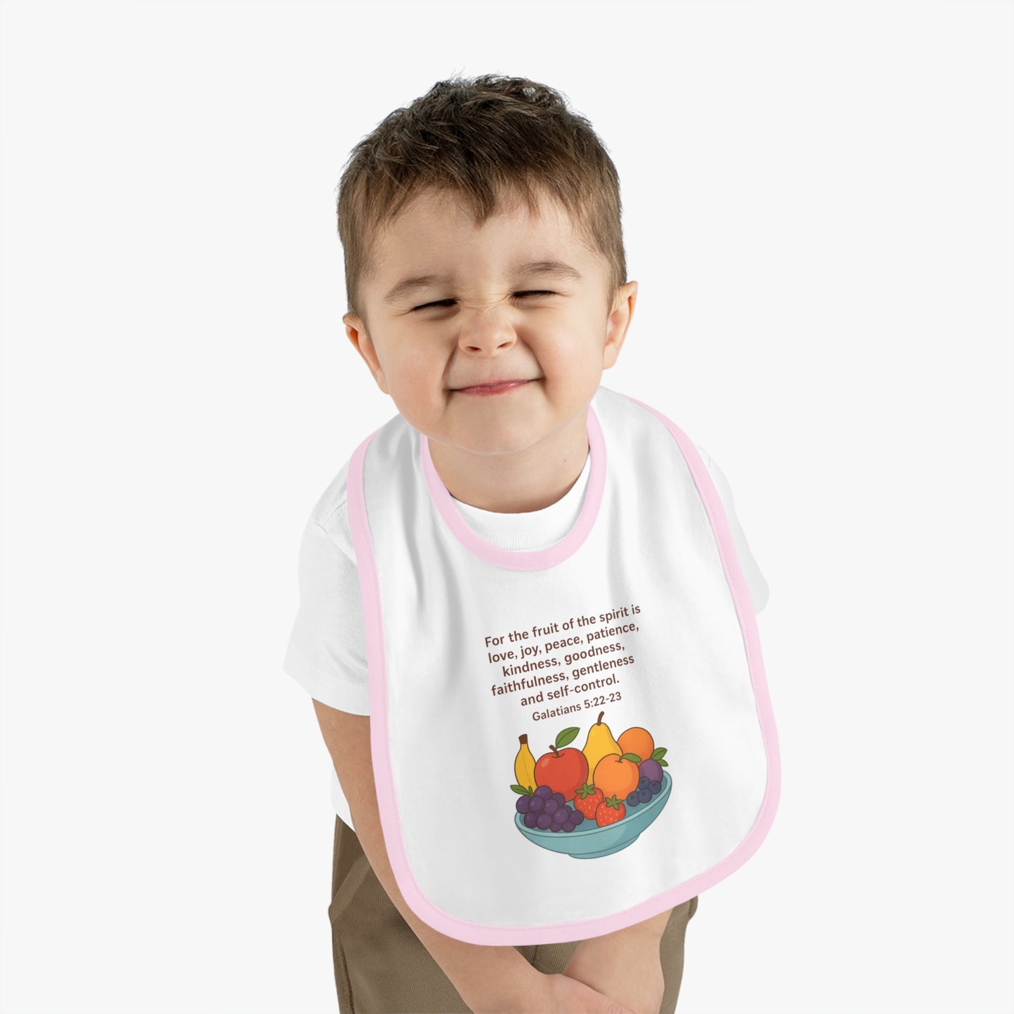 Fruits of the Spirit Baby Bib - Inspirational Contrast Trim Bib for Feeding, Baby Shower Gift, Christening, Birthday, Everyday Use