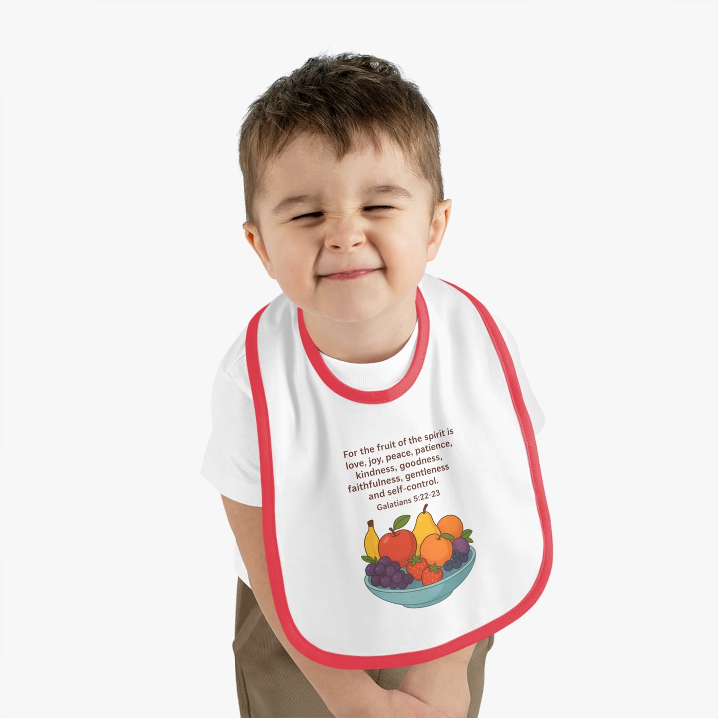 Fruits of the Spirit Baby Bib - Inspirational Contrast Trim Bib for Feeding, Baby Shower Gift, Christening, Birthday, Everyday Use