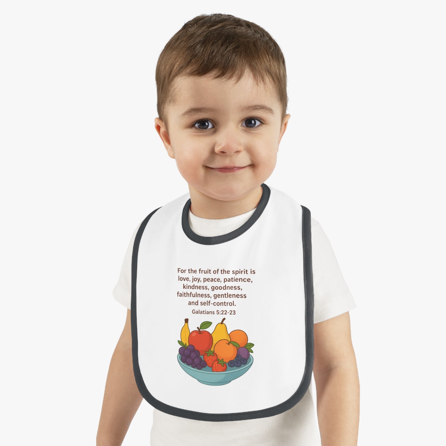 Fruits of the Spirit Baby Bib - Inspirational Contrast Trim Bib for Feeding, Baby Shower Gift, Christening, Birthday, Everyday Use
